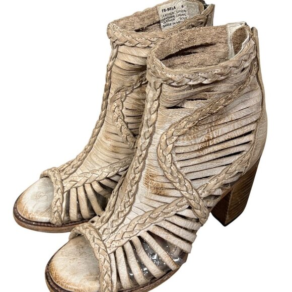 Freebird by Steven Shoes - FREEBIRD Bela Open Toe Distressed Leather Booties Rustic Taupe Sz 8